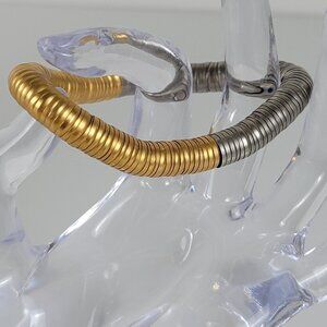 Gold And Silver Tone Metal Flat Ring Disc Beaded Bracelet Expandable 6.5 In